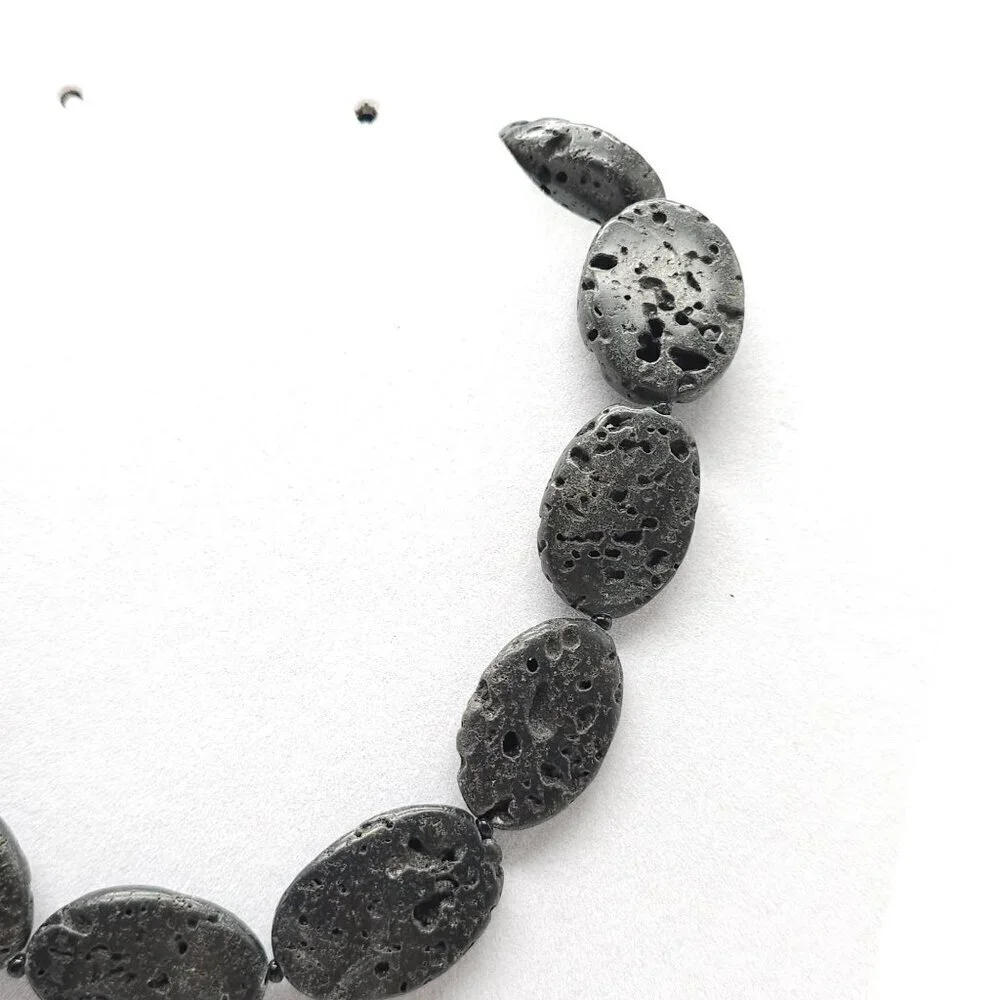 Chunky Black Lava Rock Beaded Necklace Sterling Toggle Clasp 16 Inches Long